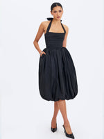 Veradis Black Taffeta Halter Bubble-Hem Midi Dress