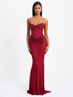 Fatima Burgundy Crystal Sleeveless Corset Mermaid Maxi Dress Miss Circle
