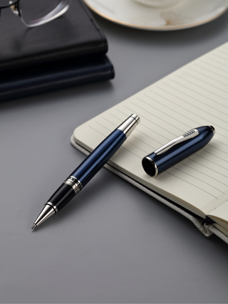 Peerless™ Polished Translucent Cobalt Blue Engraved Diamond Pattern with Polished Chrome Appointments and Swarovski Crystal Rollerball Pen - By Baano
