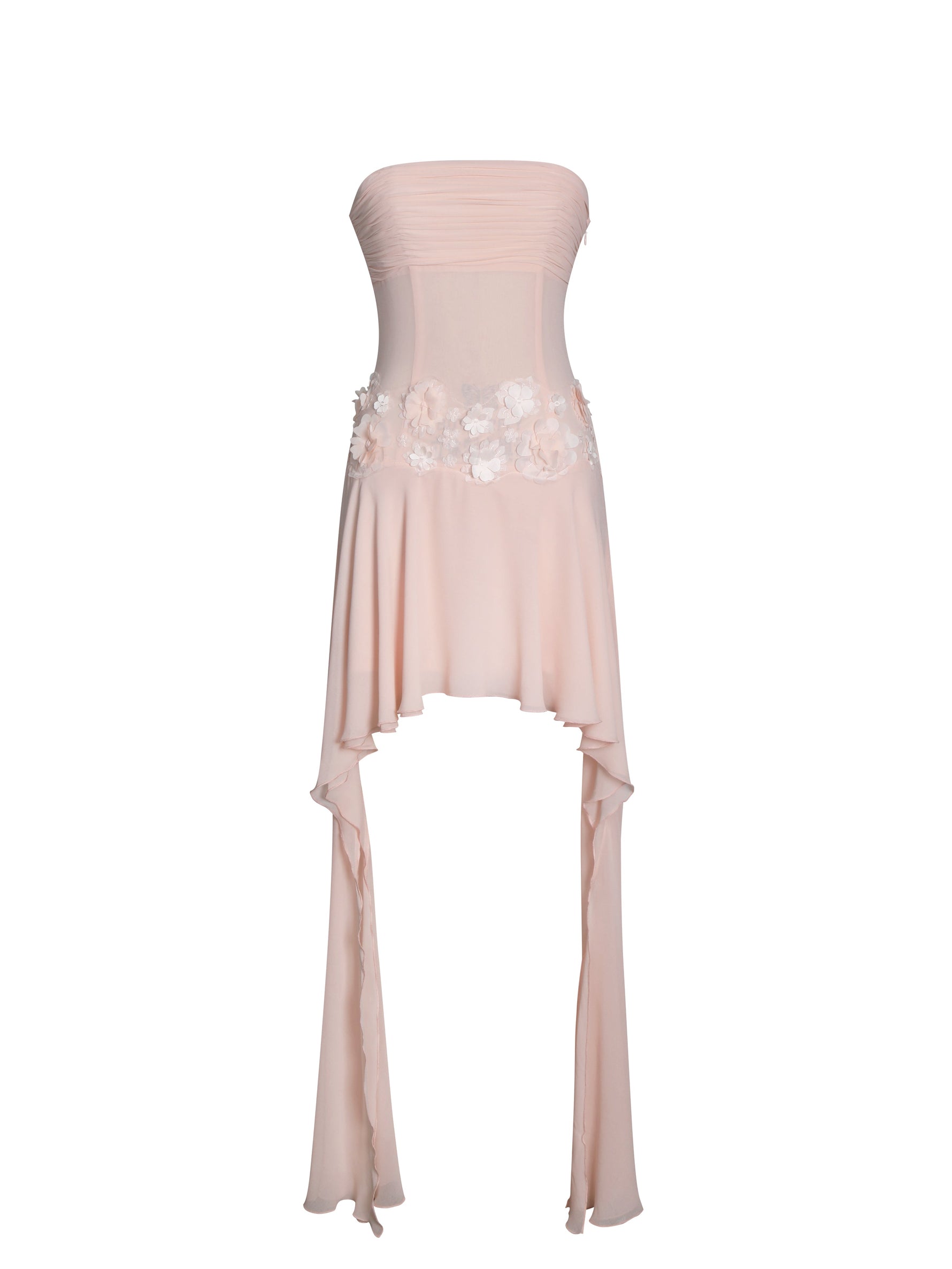 Mae Pink Ruched Breast Appliqué Trim Trailing Dress