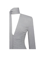 Tahlia Deep V Pinstripes Gray Blazer Dress with scarf collar Miss Circle