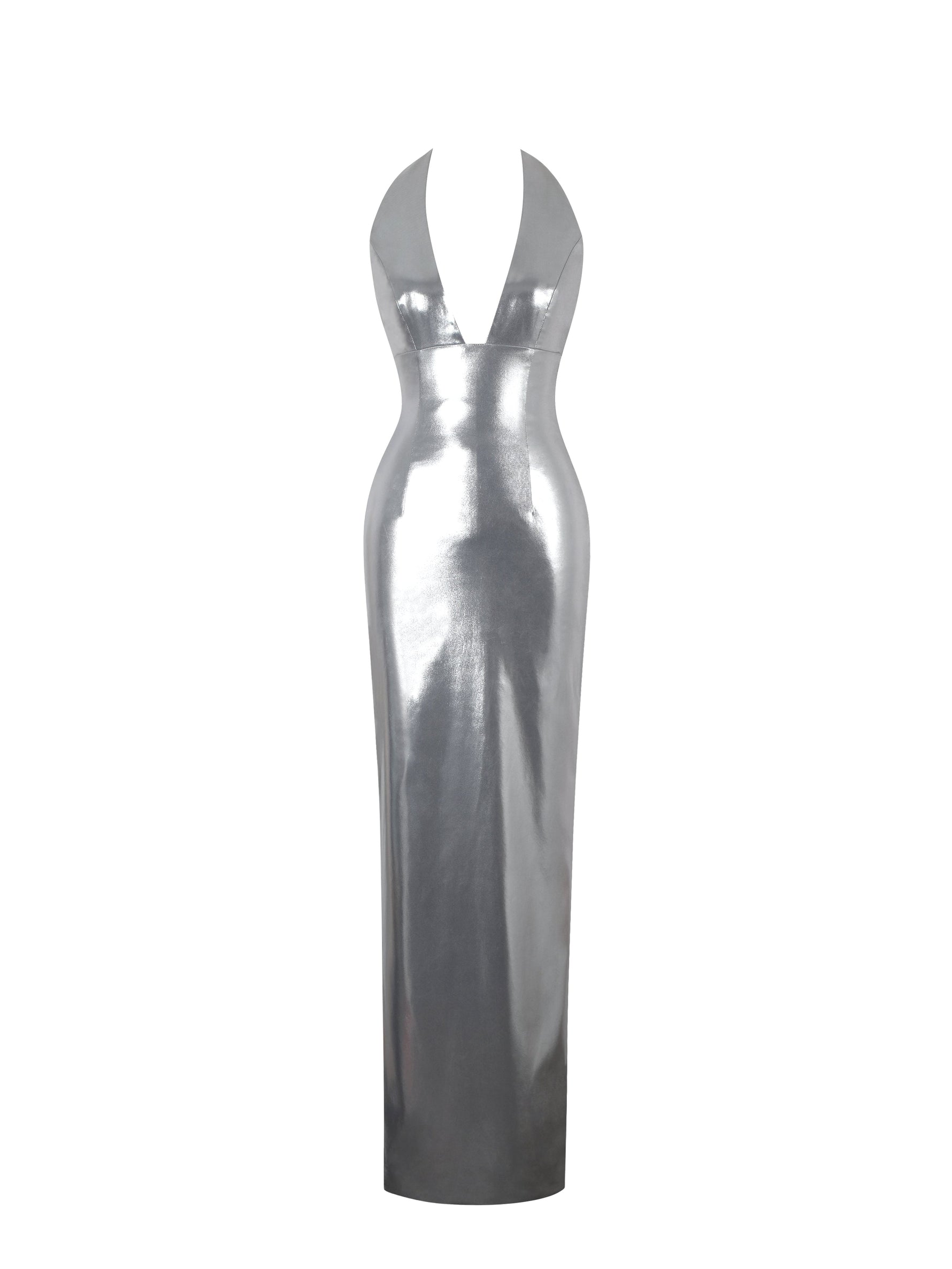 Valeska Silver Foil Plunging Sheath Maxi Dress