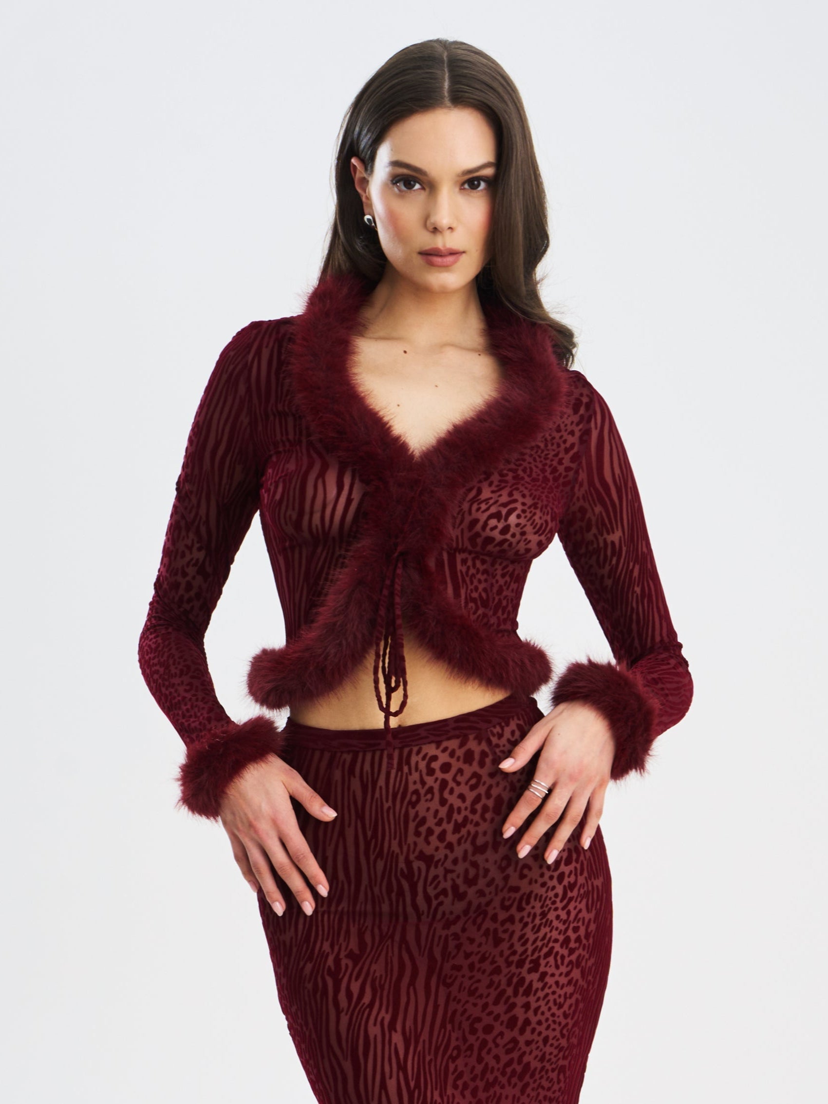 Hali Burgundy Animal Print Burnout Velvet Fur Trim Top Miss Circle