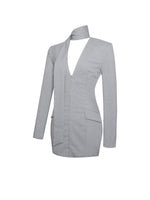 Tahlia Deep V Pinstripes Gray Blazer Dress with scarf collar Miss Circle