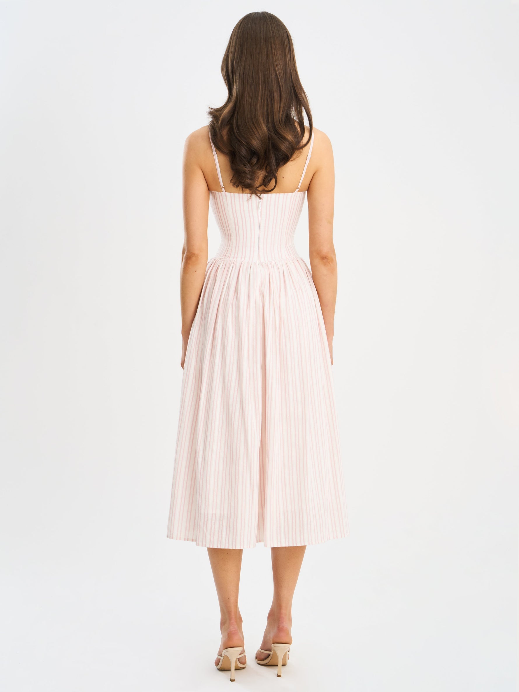 Zania Pink Stripe Ruched Breast Cotton Jacquard Midi Dress Miss Circle