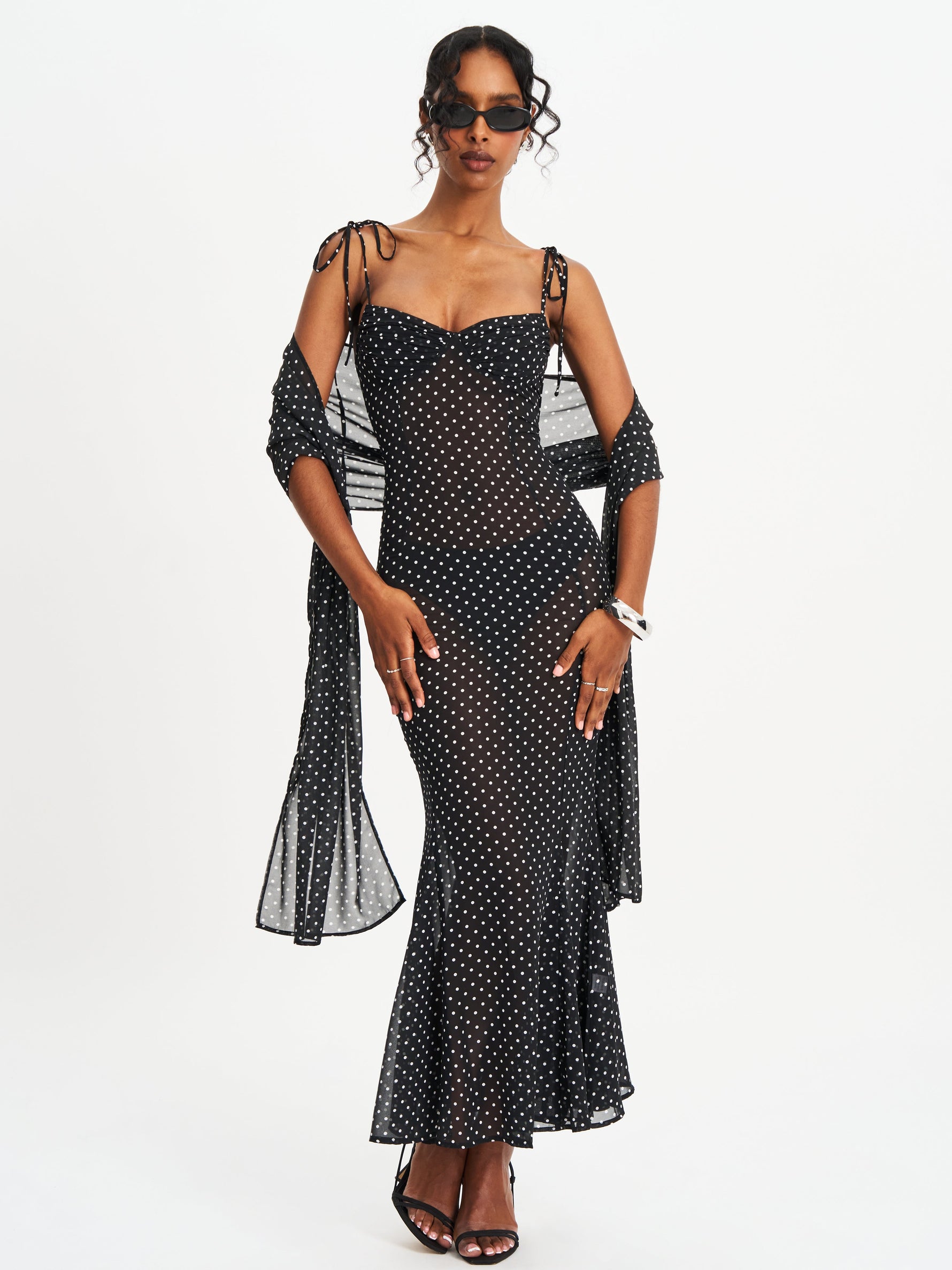 Yadira Black Base Polka Dot Chiffon Maxi Dress Miss Circle