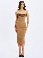 Rayanne Chestnut Strapless Fur-Trimmed Sweetheart Midi Dress