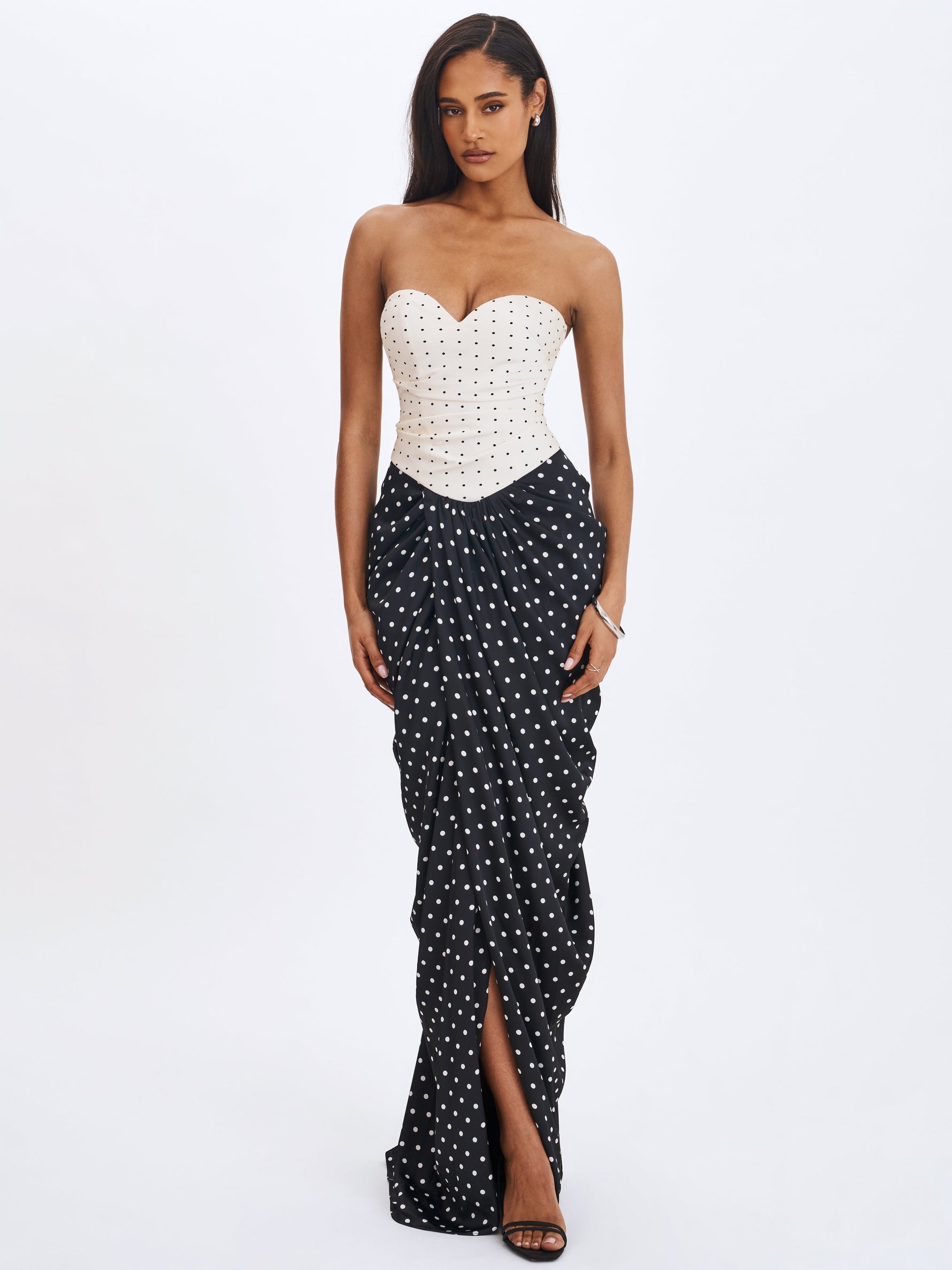 Tamryn Black & White Polka Dot Sweetheart Maxi Dress