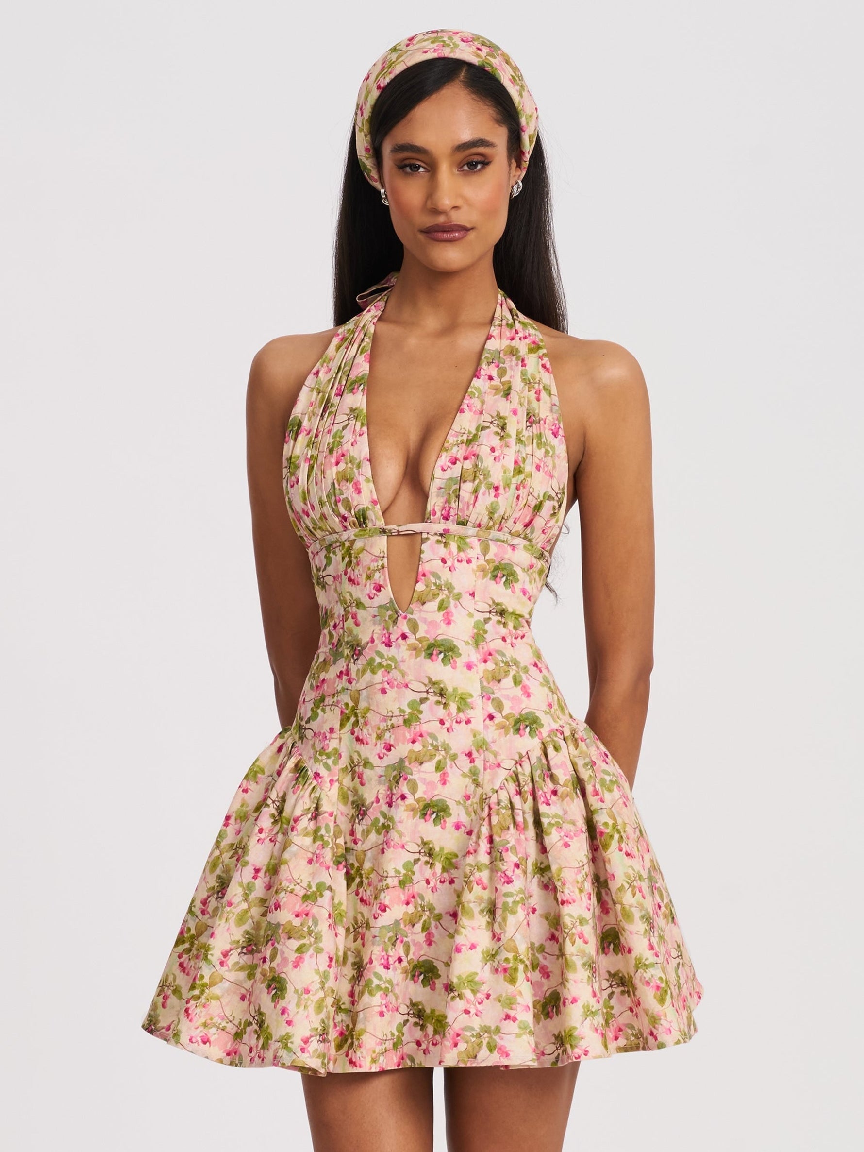 Mackenzie Green and Pink Floral Print Halter Linen Mini Dress Miss Circle