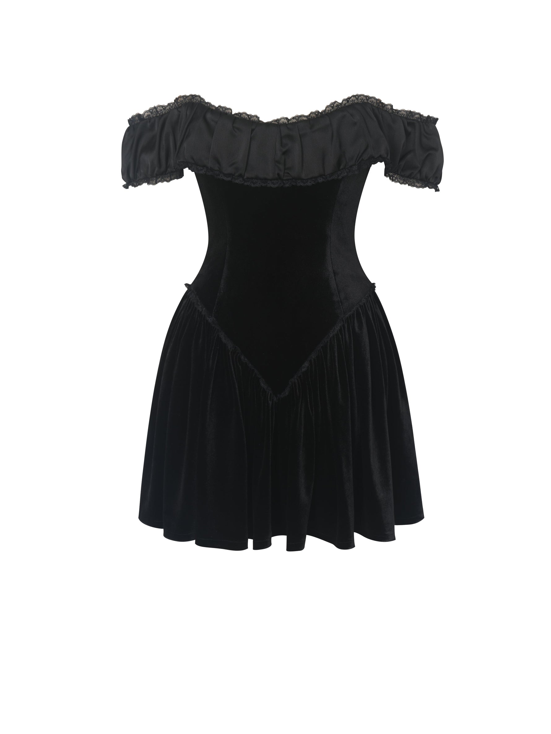 Daisha Black Lace Trimmed Off-Shoulder Ruched Mini Dress Miss Circle