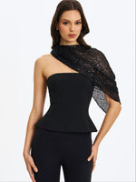 Quinette Black Peplum Top with Beaded Asymmetrical Cape Miss Circle