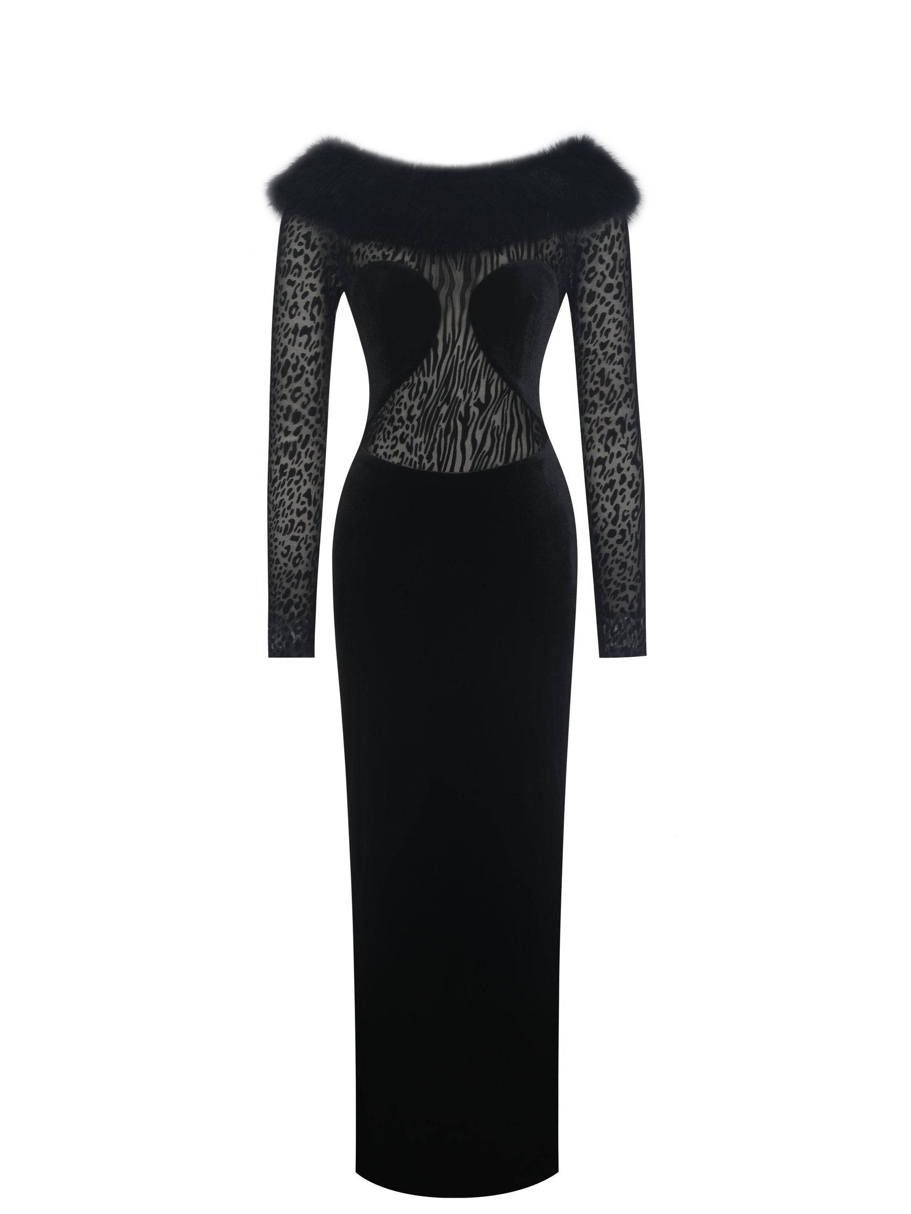 Alexis Black Velvet Animal Print Fur Boatneck Maxi Dress Miss Circle