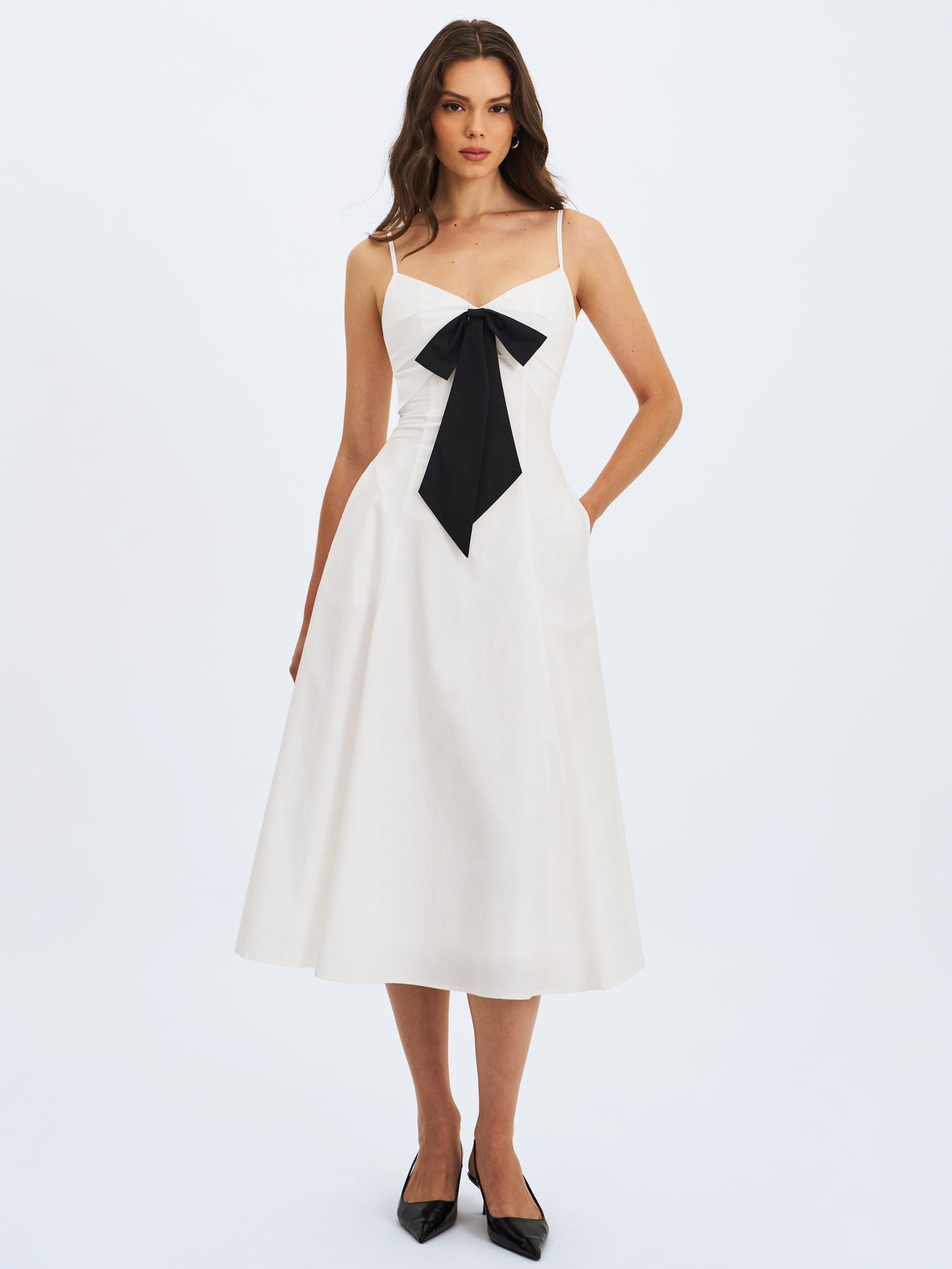 Corinne White Poplin Flared Midi Dress with Removable Bow Miss Circle