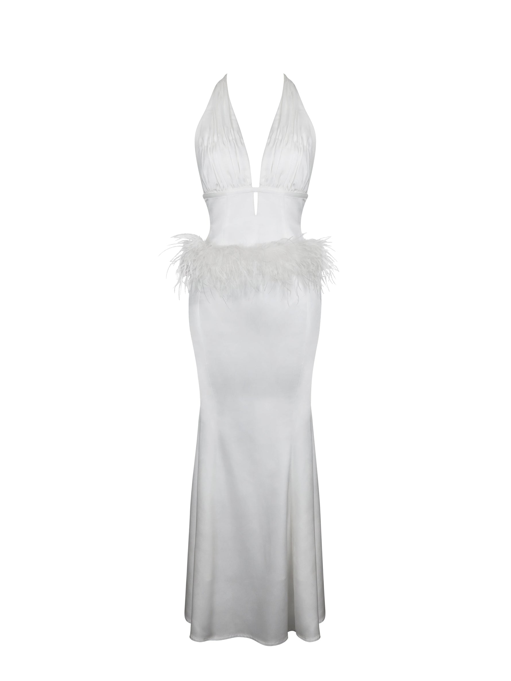 Solene Pleated Halter Backless Feather-Trim Maxi Dress Miss Circle
