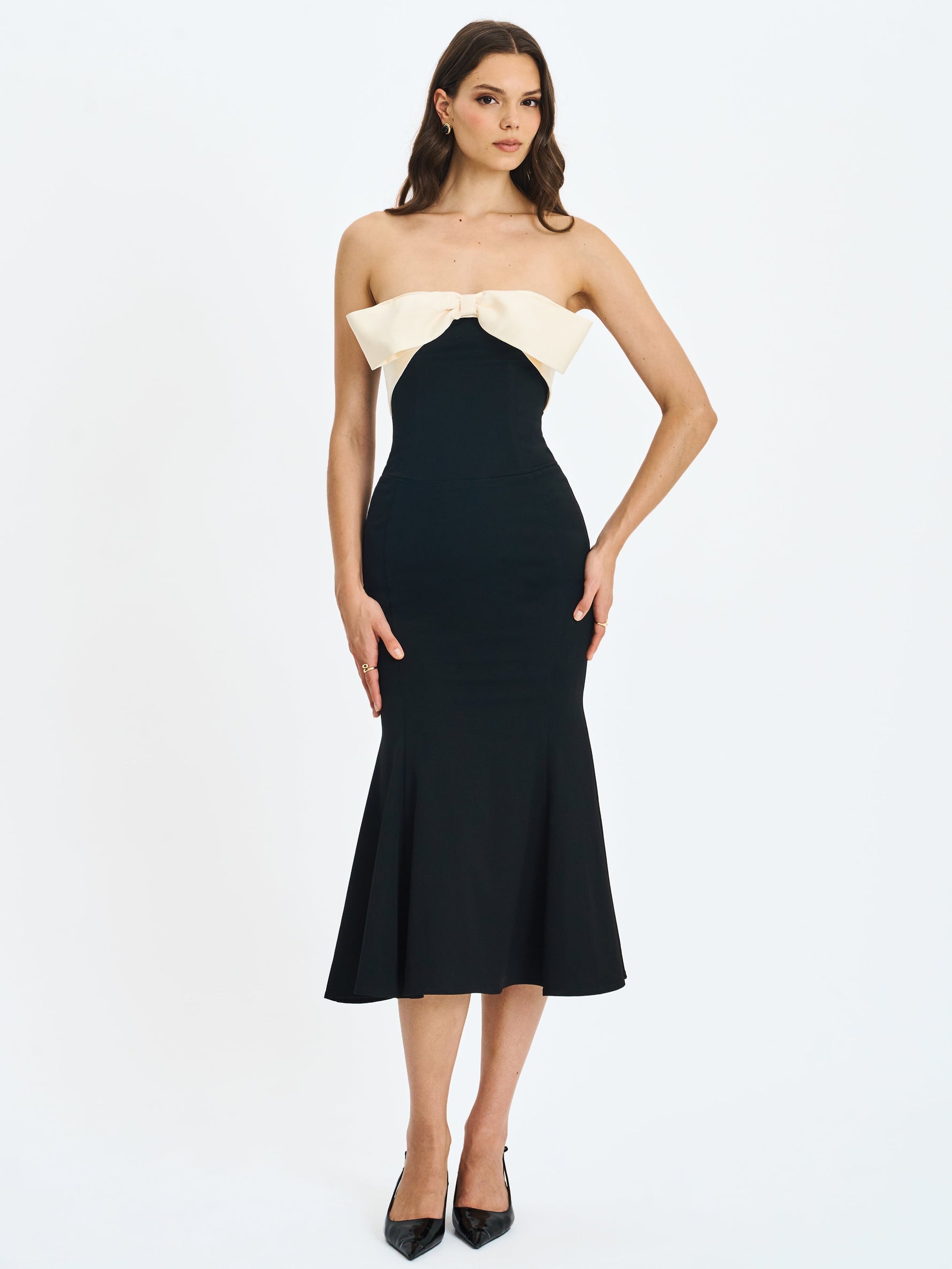 Saige Black Mermaid Midi Dress with Ivory Bow Bustline Miss Circle