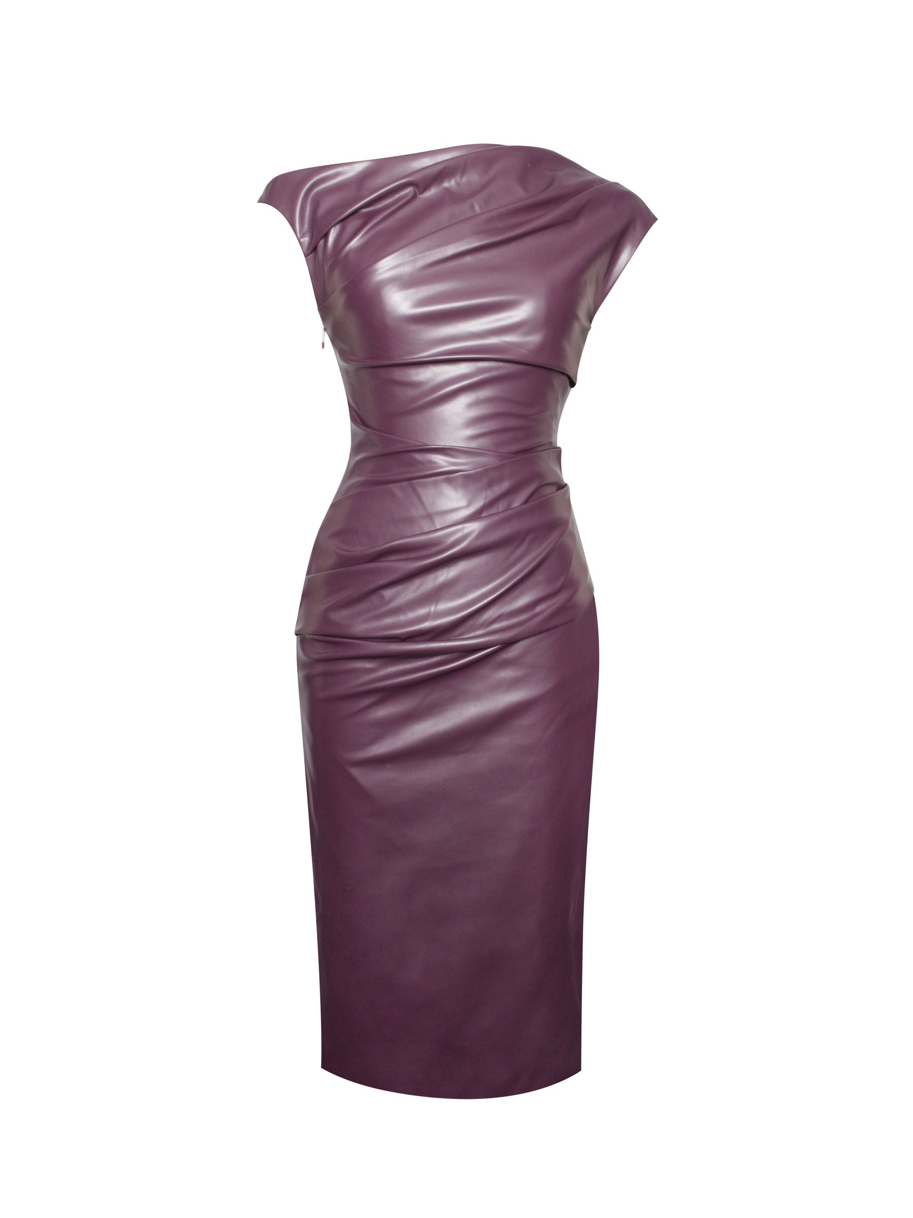 Sabina Purple Leather Slash Neck Midi Dress Miss Circle