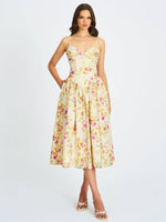Jacinda Yellow Floral Print Ruched Breast Linen Midi Dress