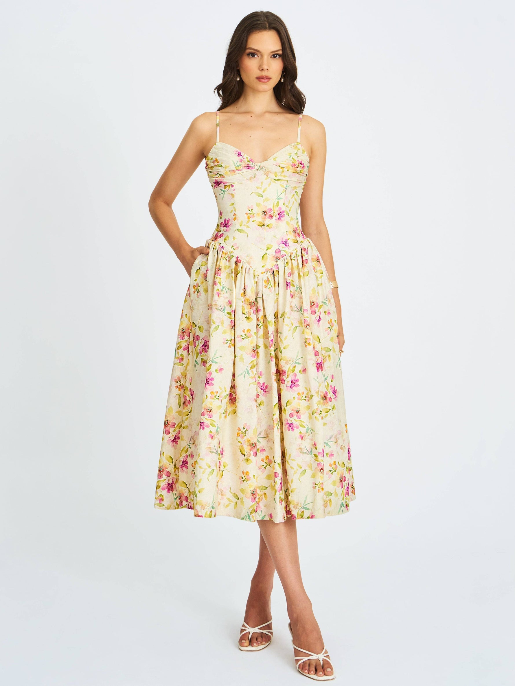 Jacinda Yellow Floral Print Ruched Breast Linen Midi Dress