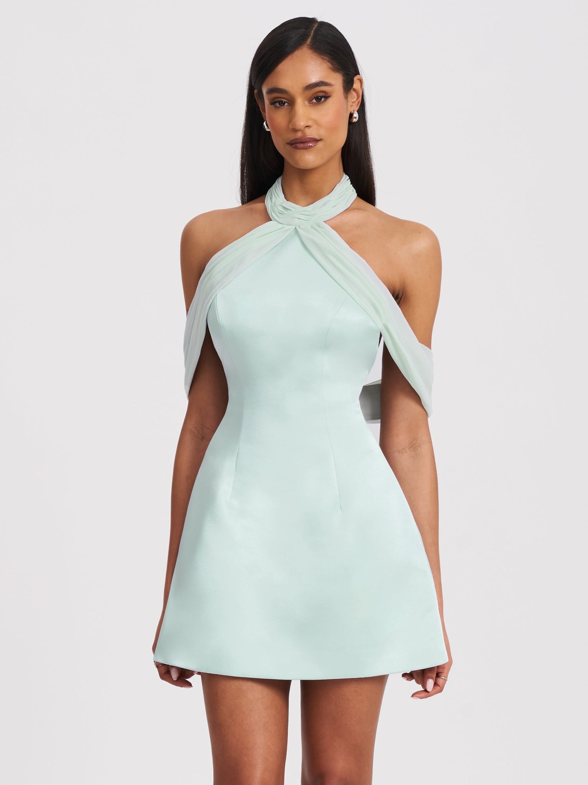 Zafrina Light Cyan Halter Off-shoulder Backless Mini Dress Miss Circle