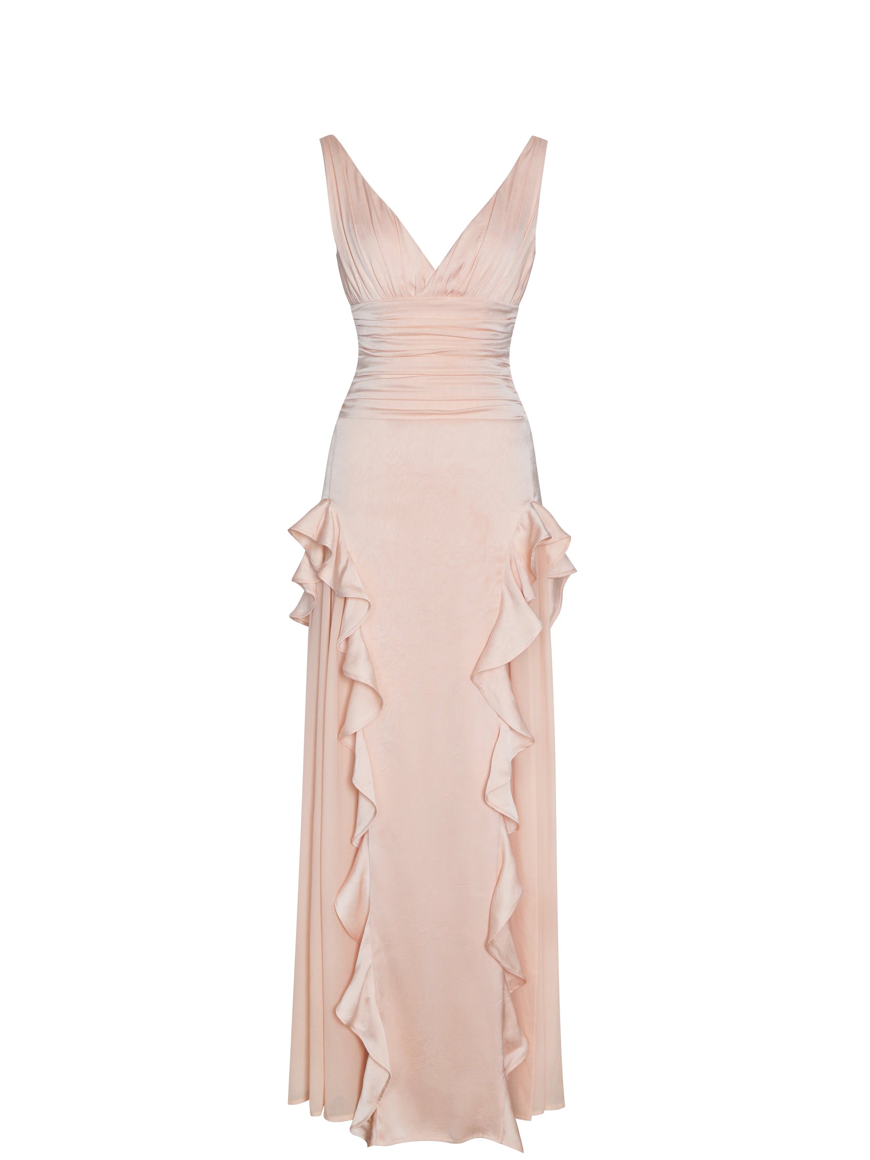 Talyssa Baby Pink Ruched Waist Double High Slit Maxi Gown (Archive Sale)