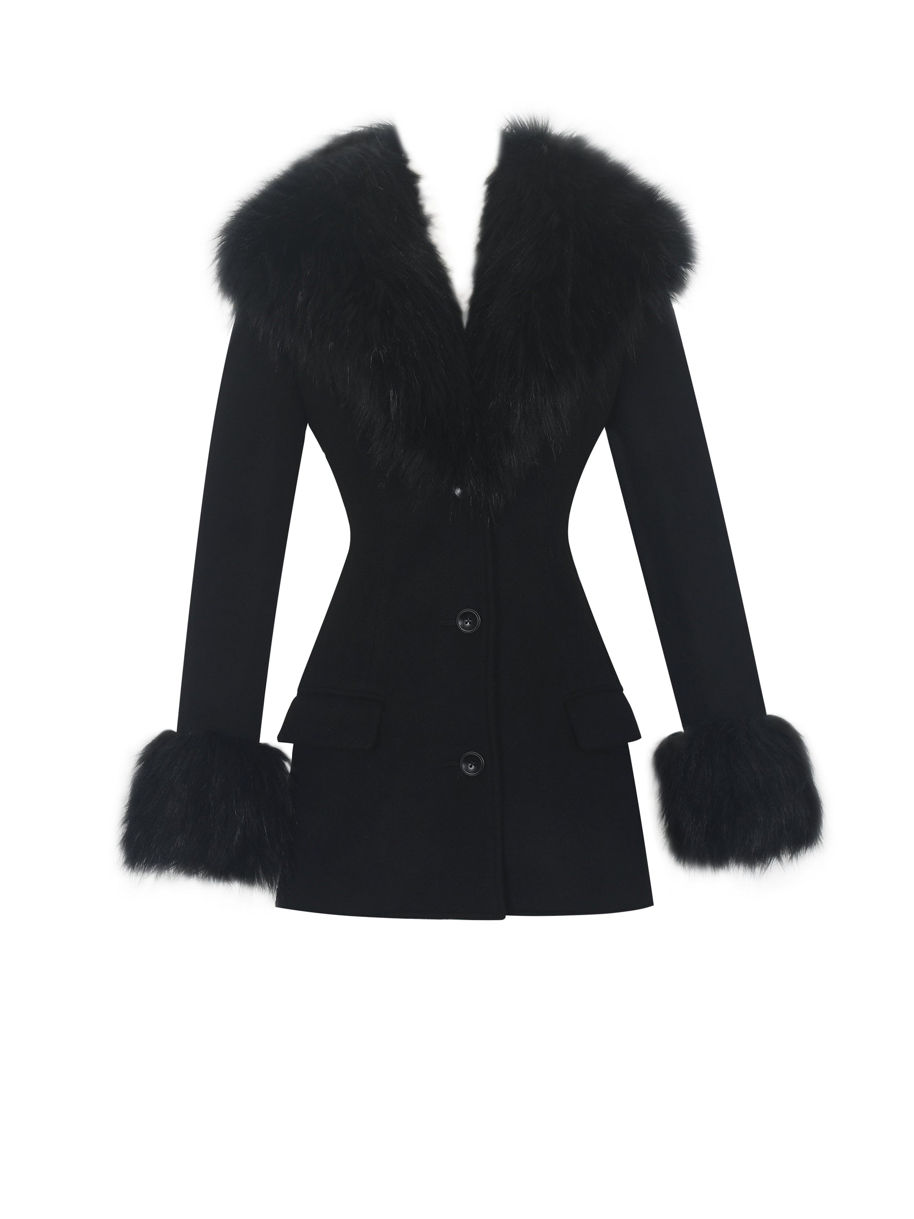 Hailee Black Single Breasted Wool Blend Mini Coat with Removable Fur Lapel Miss Circle