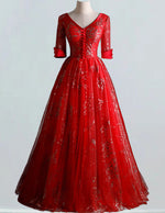 Women's Red V-Neck Sequin Lace Tulle Evening Gown | Prom & Party Dress