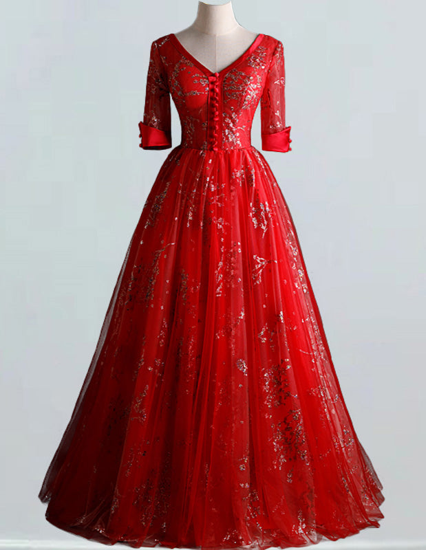Women's Red V-Neck Sequin Lace Tulle Evening Gown | Prom & Party Dress