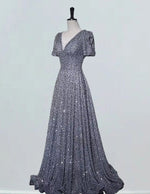 Women's Elegant Gray Sequin V-Neck Prom Dress | Floor-Length Evening Gown
