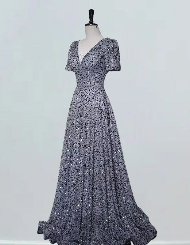 Women's Elegant Gray Sequin V-Neck Prom Dress | Floor-Length Evening Gown