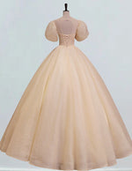 Women's Lace Applique Puff Sleeve Prom Gown | Scoop Neck Evening Dress