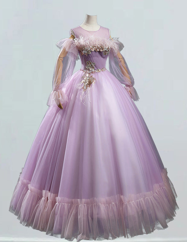 Lavender long prom dress gown,Straps feather elegant party dress for women,Floor length Graduation Ball Dress