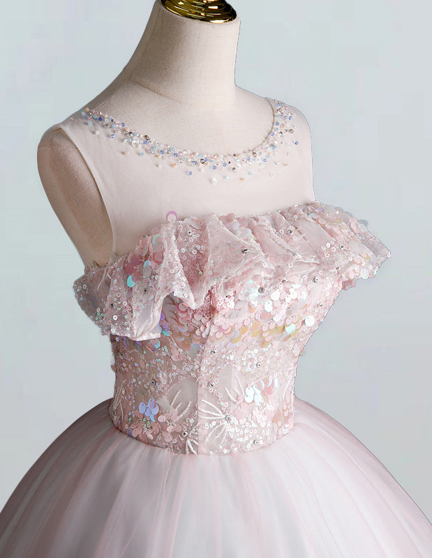 Women's Pink Tulle Ball Gown Bridal Dress with Beading & Sequins - Scoop Neck, Long Sleeve