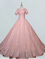 Plus Size Pink Sequin Prom Gown with Puffy Sleeves, Boat Neck, Elegant Evening Dress