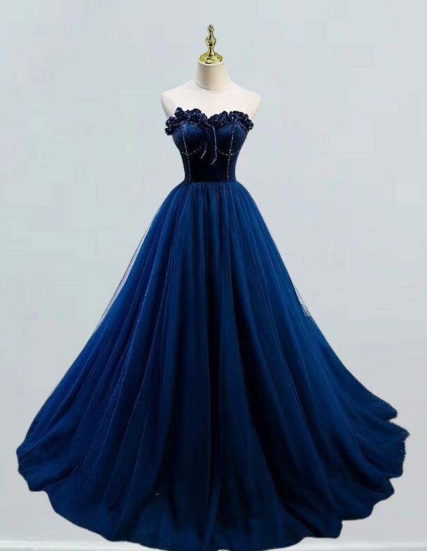 Navy Blue Strapless Beaded Evening Gown | Girls' Elegant Prom & Formal Dress