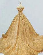 Gold Sequin Off-Shoulder Prom Dress with Lace Applique | Elegant Evening Gown