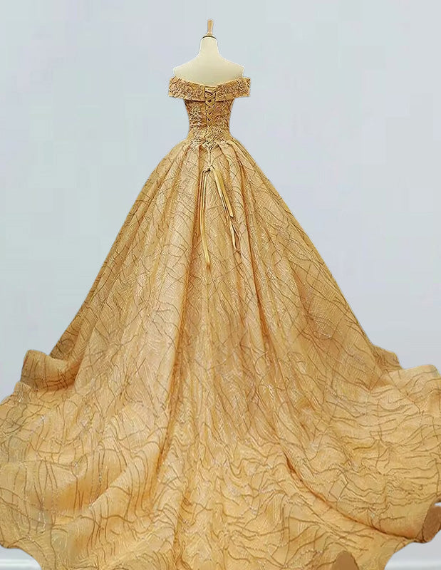 Gold Sequin Off-Shoulder Prom Dress with Lace Applique | Elegant Evening Gown