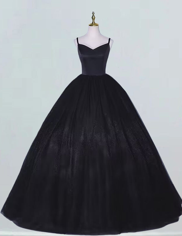 Black spaghetti strap v neck long tulle ball gown floor length quinceanera dress