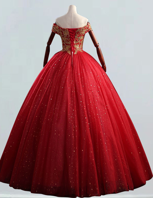 Red Off-Shoulder Tulle Ball Gown | Beaded Prom & Wedding Dress | Elegant Evening Attire