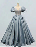 Women's Grayish Blue Sequin V-Neck Prom Gown, Puff Sleeves, Elegant Evening Dress
