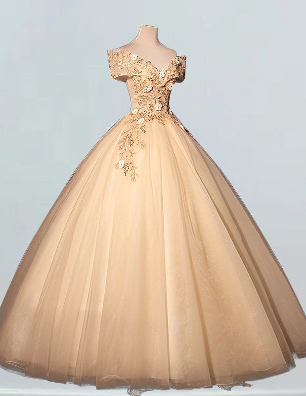 Women's Champagne Gold Lace Applique Off-Shoulder Prom Ball Gown | Elegant Evening Dress
