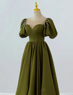 Women's Elegant Green Satin Prom Dress | Short Sleeve Evening Gown