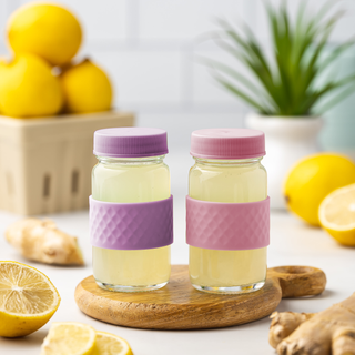 Glass Juice Shot Bottles Set w/ Colored Lids & Grip Bands, 8 Pack Set, 2oz