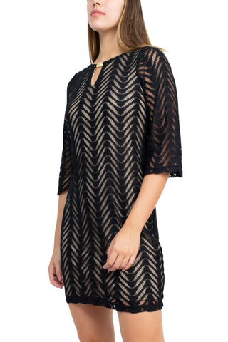 Emma & Michele Round Neck Keyhole Front 3/4 Sleeve Wave Pattern Knit Dress - Glamourous Grace