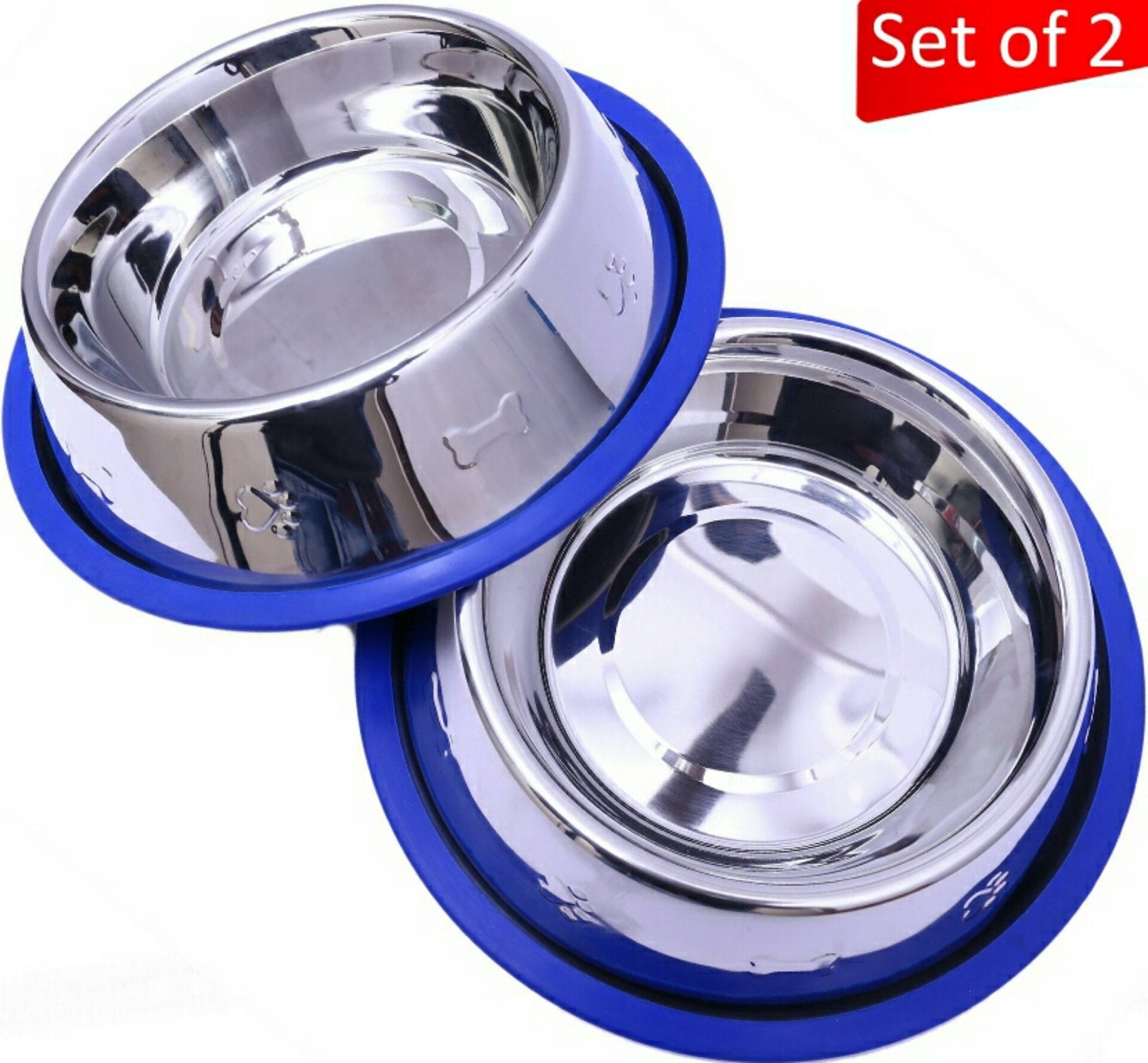 Set of 2 Etched Stainless Steel Dog Bowls with Blue Silicone Base - By Baano