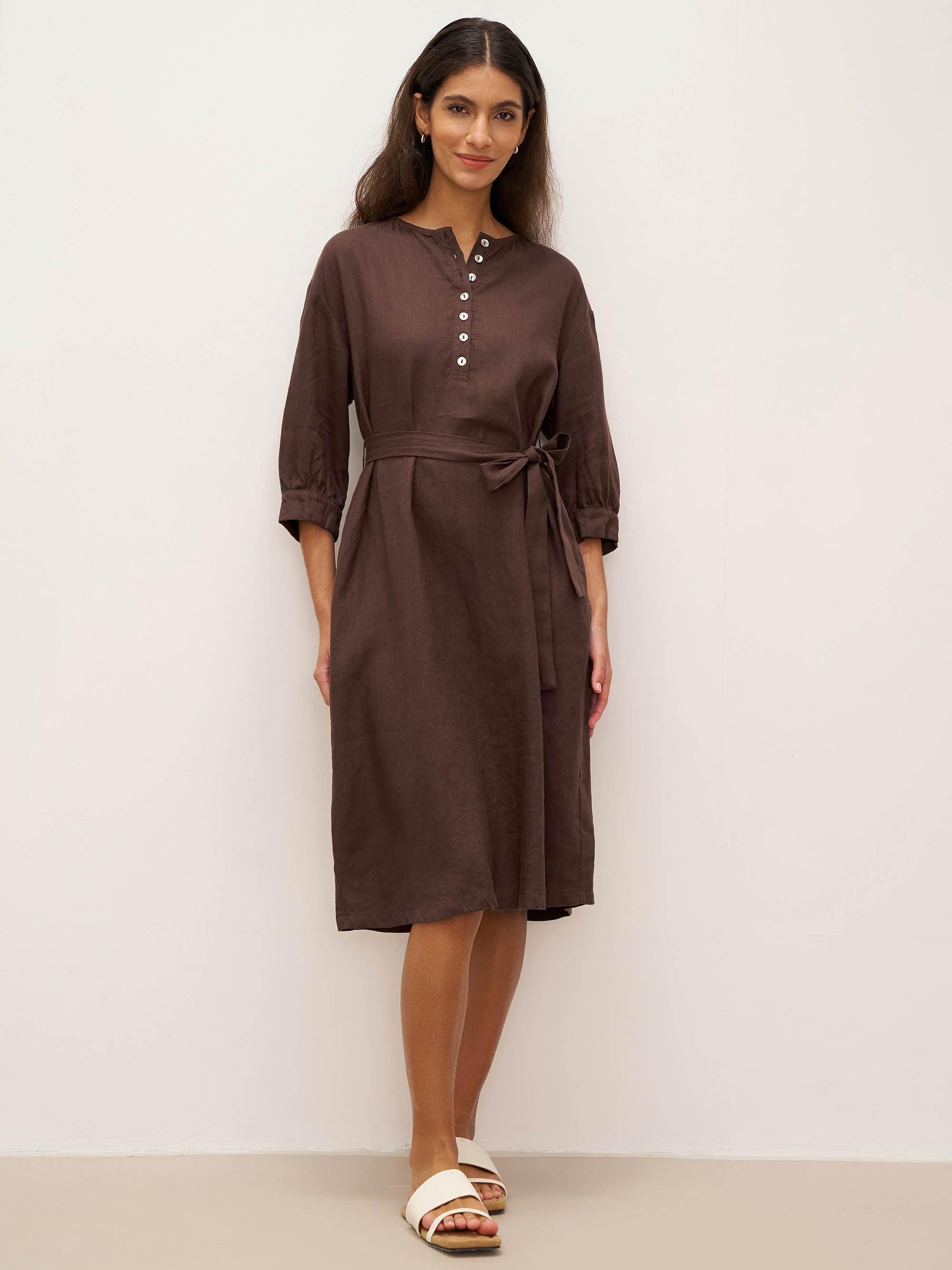 100% Linen Button Detail Midi Dress with Detachable Belt EIRA