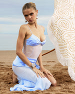 Lacy Blue Ruched Breast High Slit Chiffon Dress