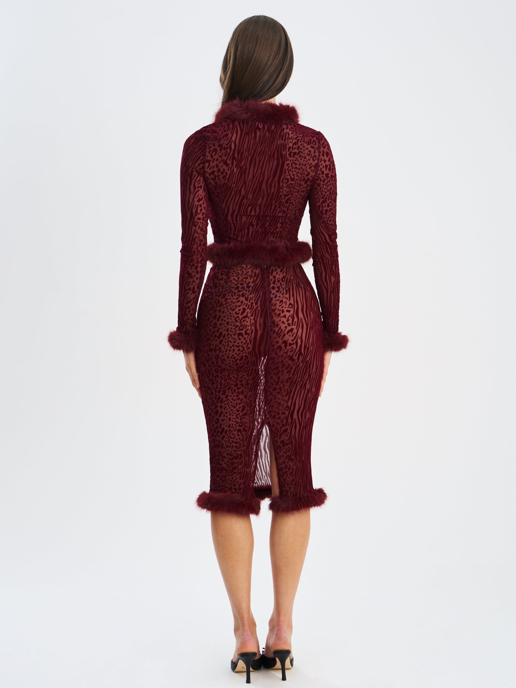 Hali Burgundy Animal Print Burnout Velvet Fur Trim Top Miss Circle