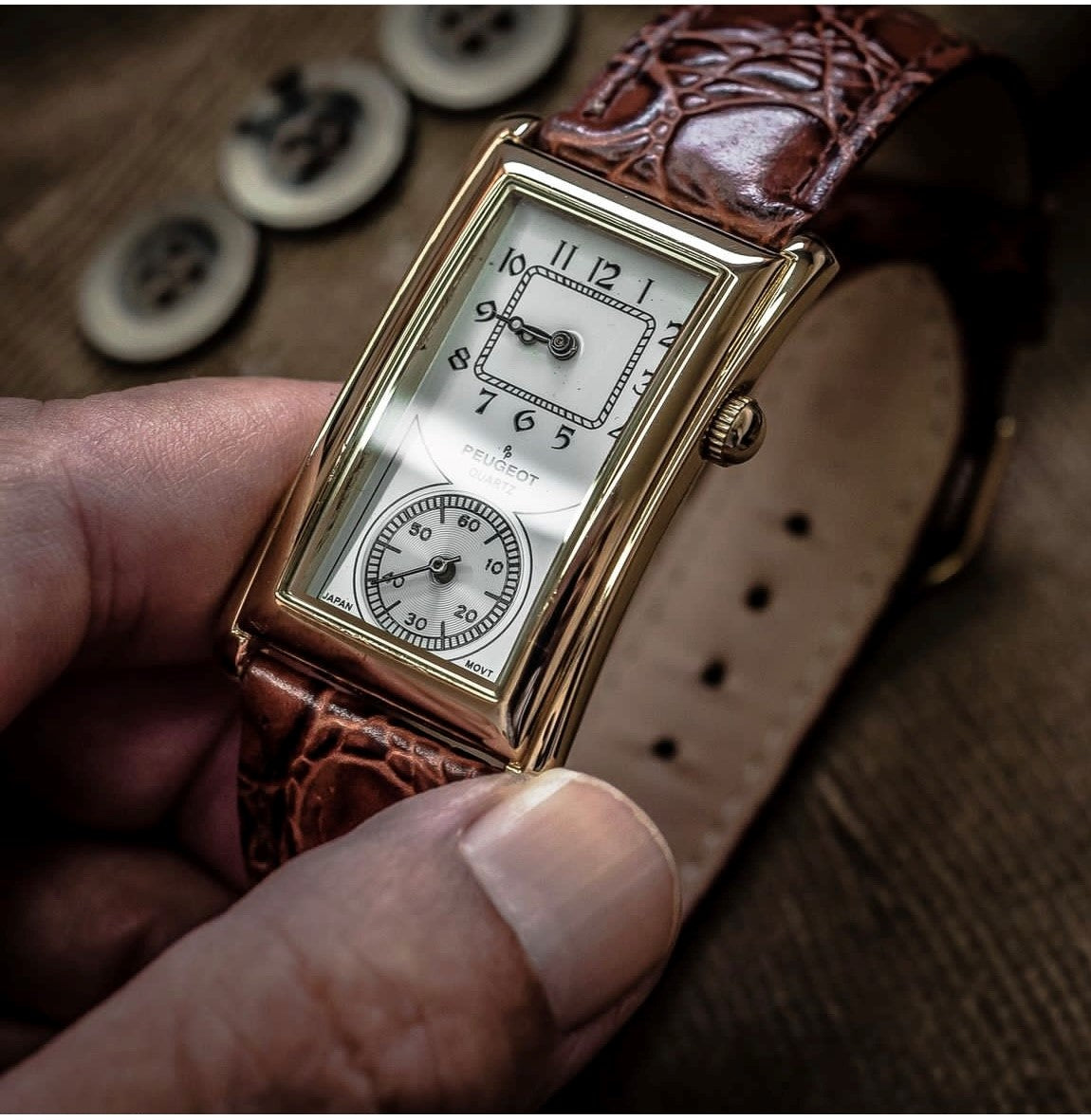 Men's 40x24 mm Gold Large Remote Sweep Leather Strap watch Peugeot Watches