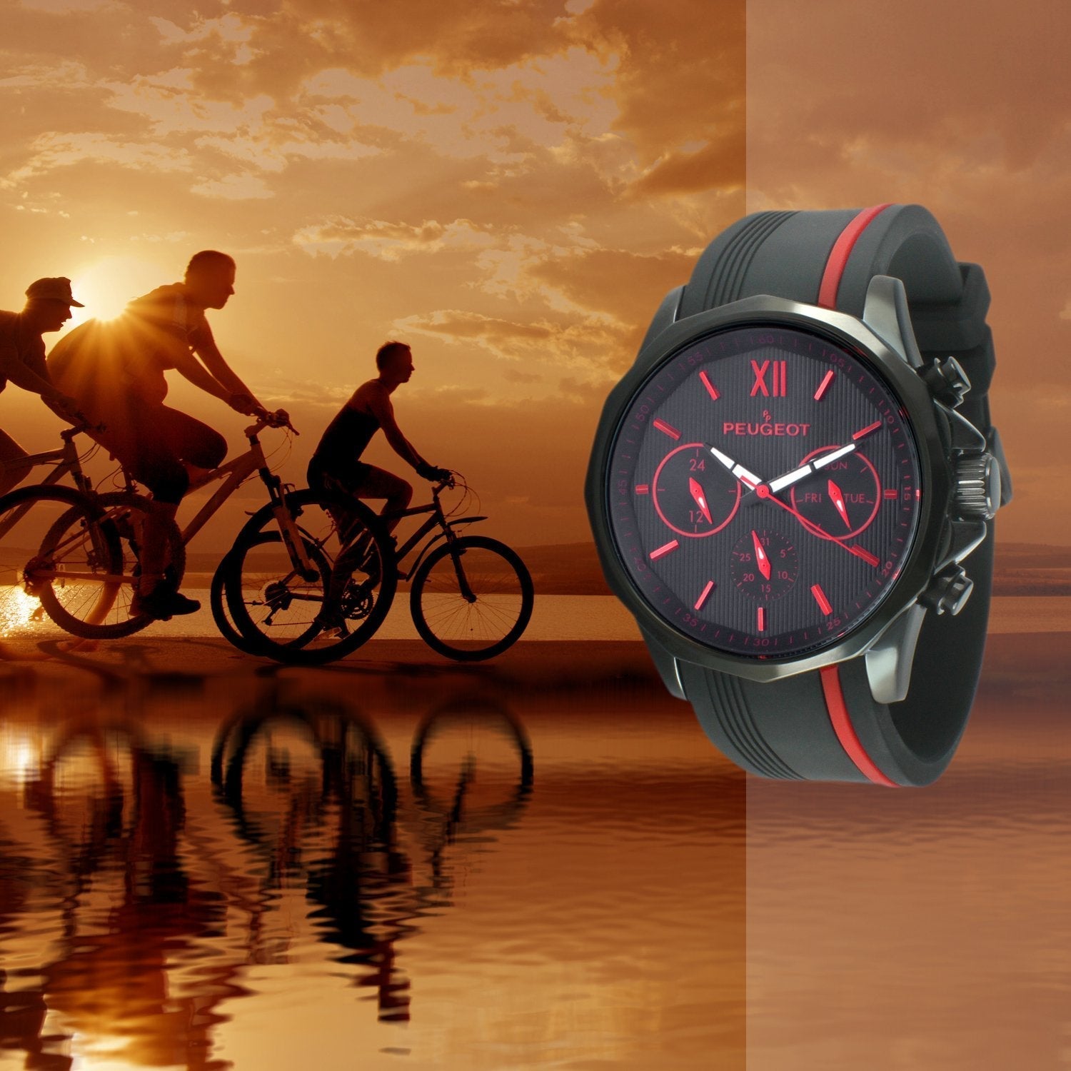 Men's 46mm Red Multi-Function Sport Rubber Watch Peugeot Watches