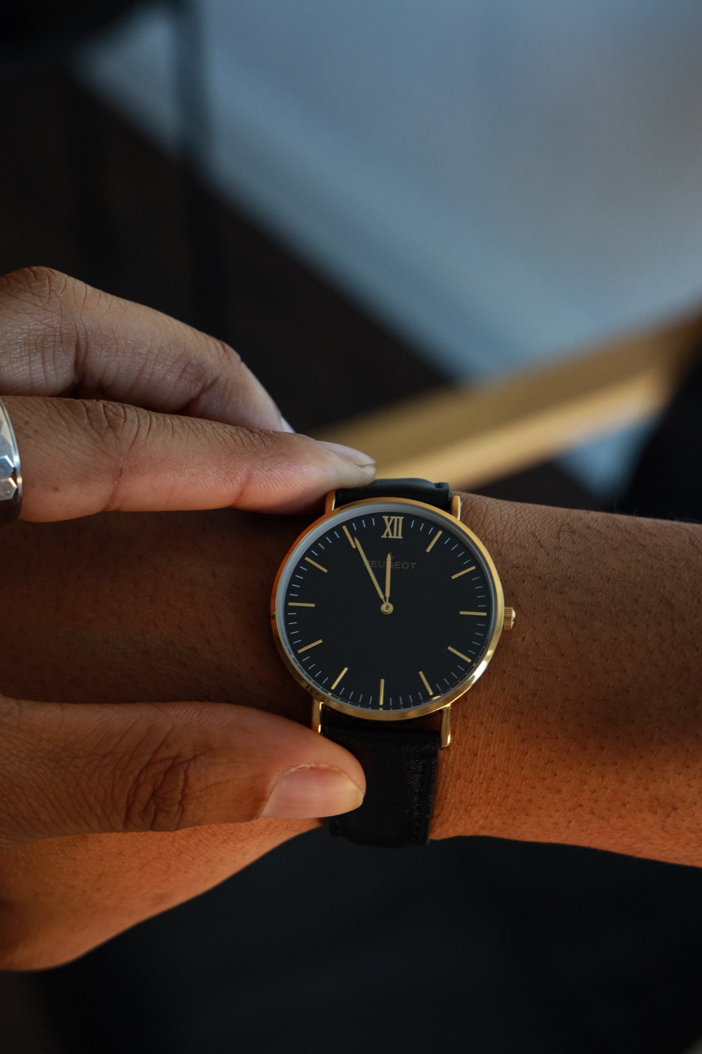 Men's 40mm Black Dial Super Slim Leather Strap Watch Peugeot Watches